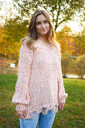 Peach Confetti Distressed Sweater